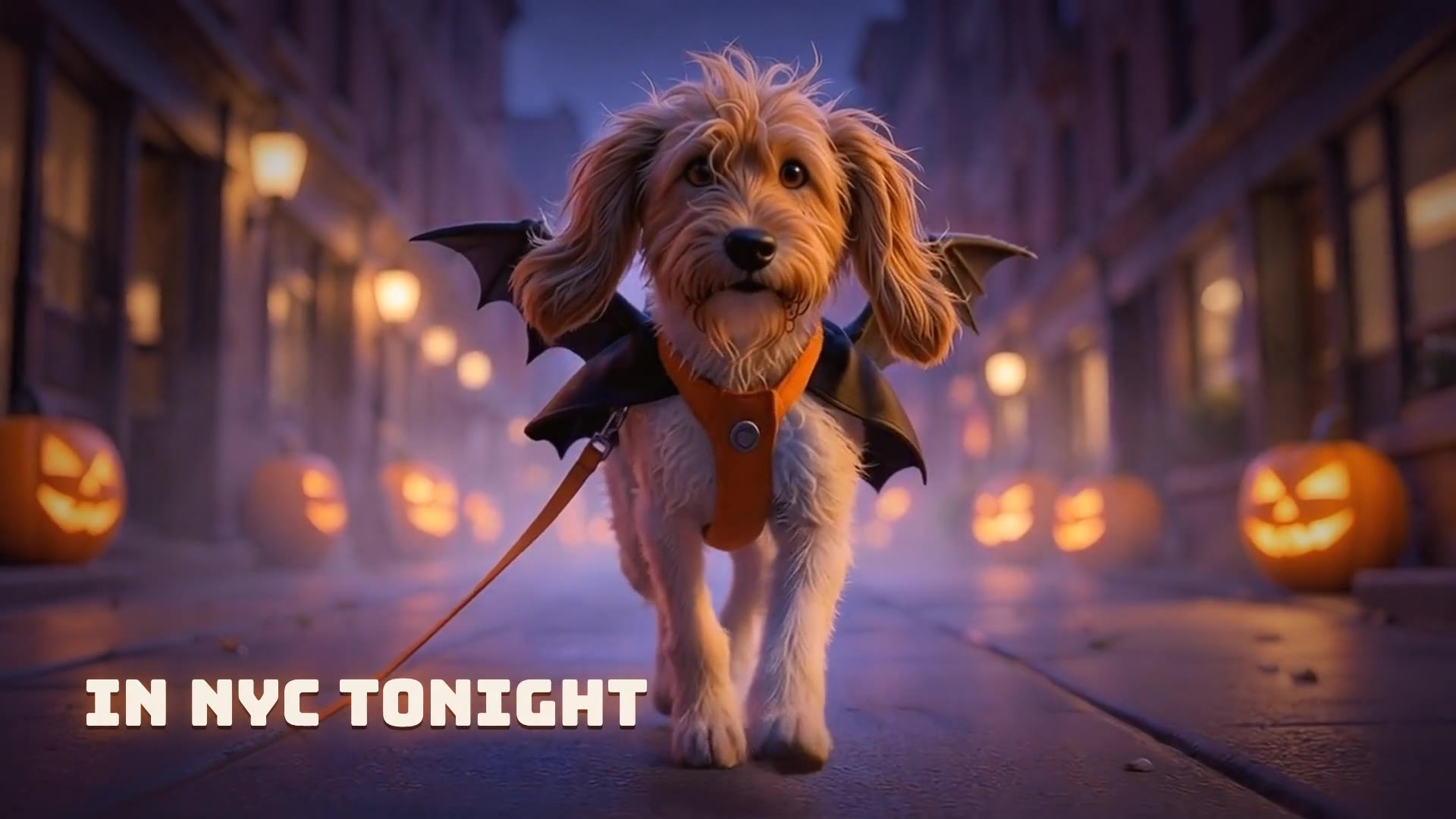 Archie in a cape and bat wings running down a Halloween street