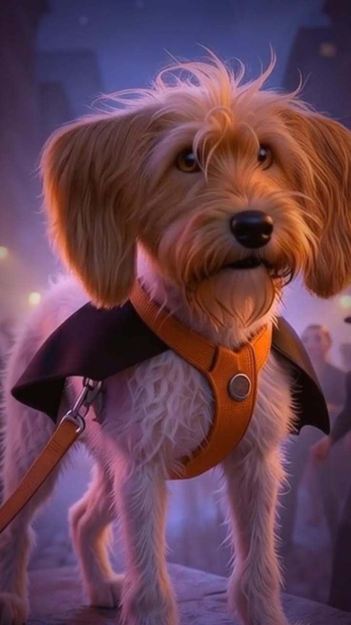 Vertical frame of Archie in his cape on a city street