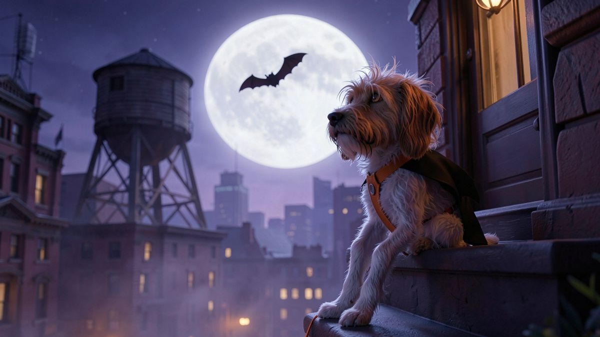Archie on a stoop looking up at the full moon behind rooftop water towers