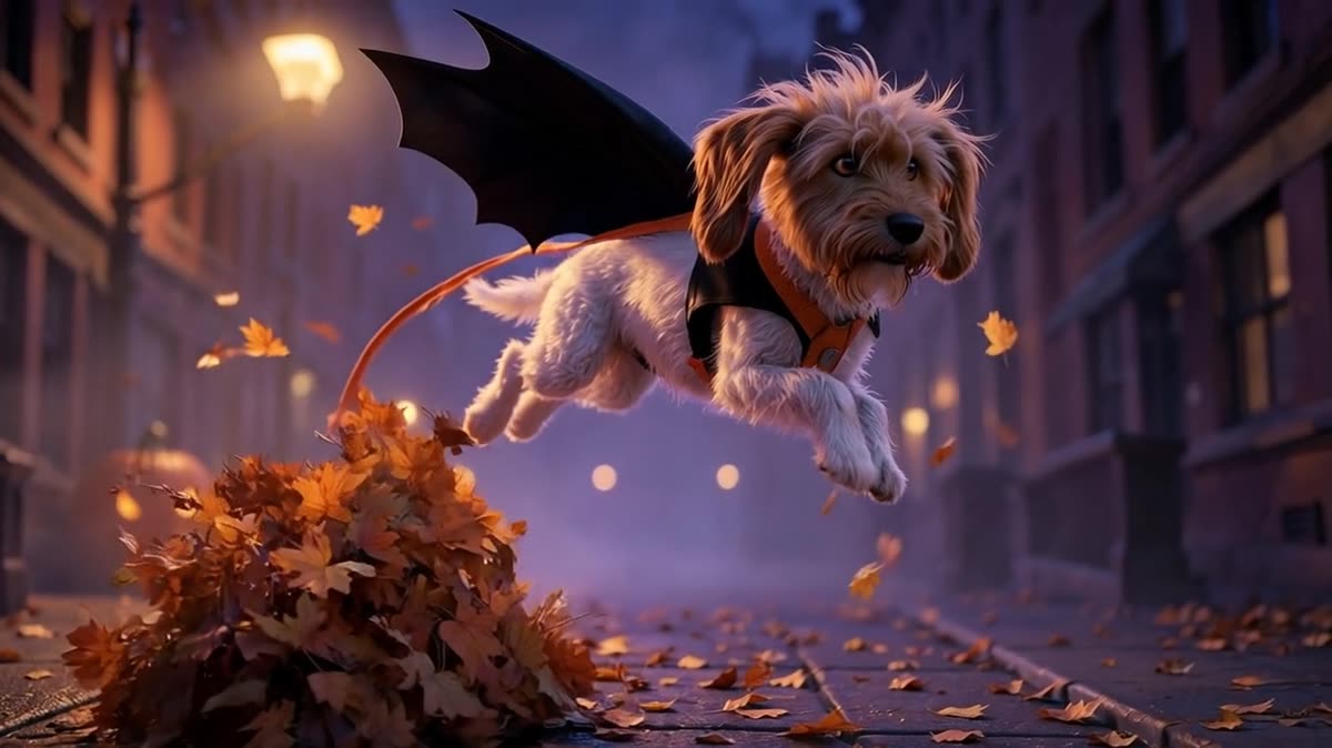 Archie leaping through a pile of autumn leaves