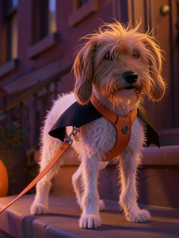 Stylized Archie in a cape and bat wings beside a jack-o-lantern