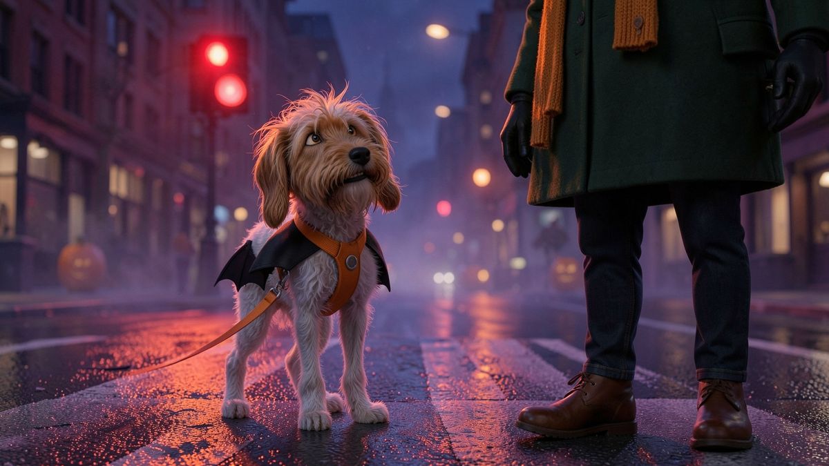 Archie waiting at a red crosswalk light at night